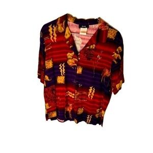 Vintage Tapestry Button-Down Blouse – Size Medium – 100% Rayon – Purple and Red